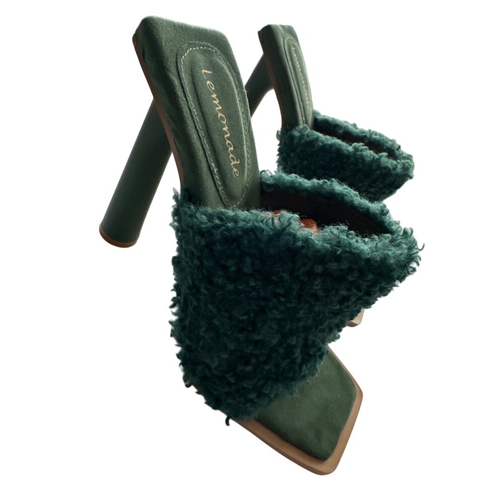 Lemonade Sunny Green Faux Fur Mules Open-Toe Slip On 5” Cylinder Heel Size 7.5 - Picture 3 of 9